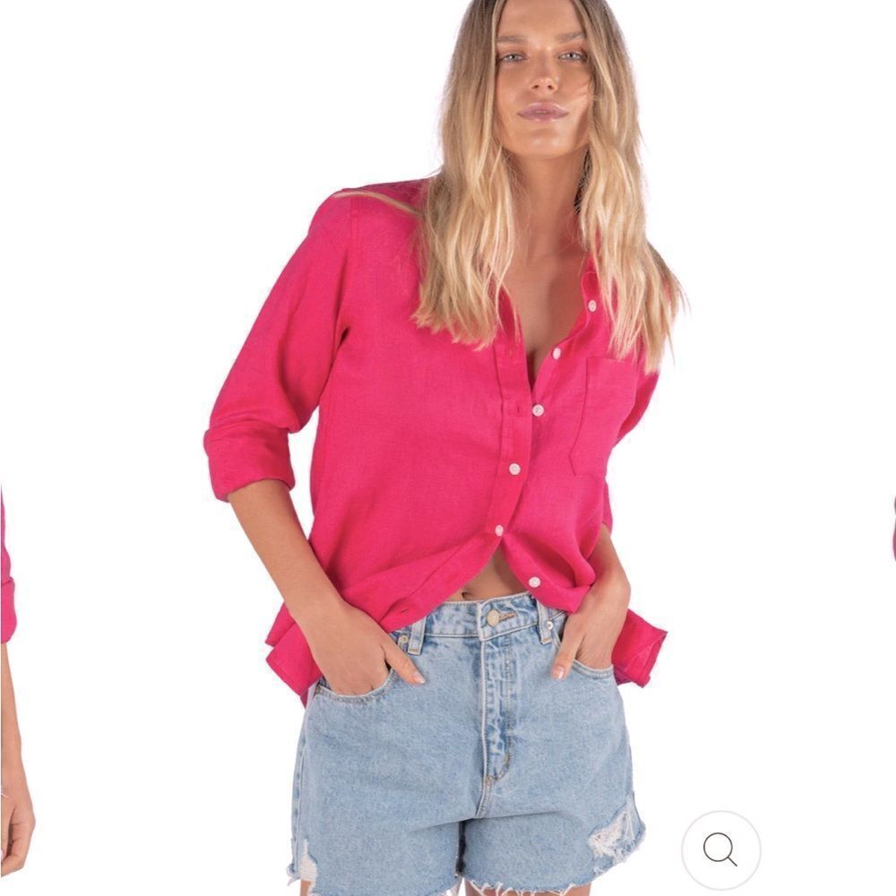 CAMIXA Linen-Cotton Blend Button-Up Shirt | XS | Hot Pink